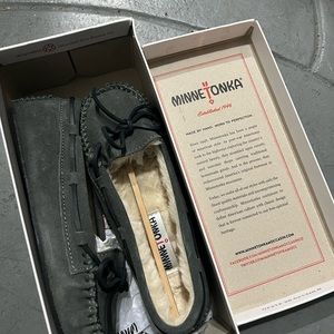 Gray Minnetonka moccasin shoes brand new